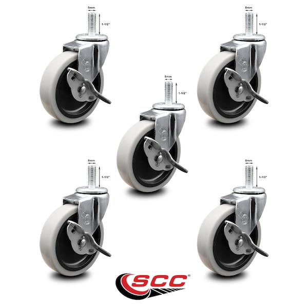 4 Inch Thermoplastic Wheel 8mm Threaded Stem Caster Set with Brakes SCC, 5PK